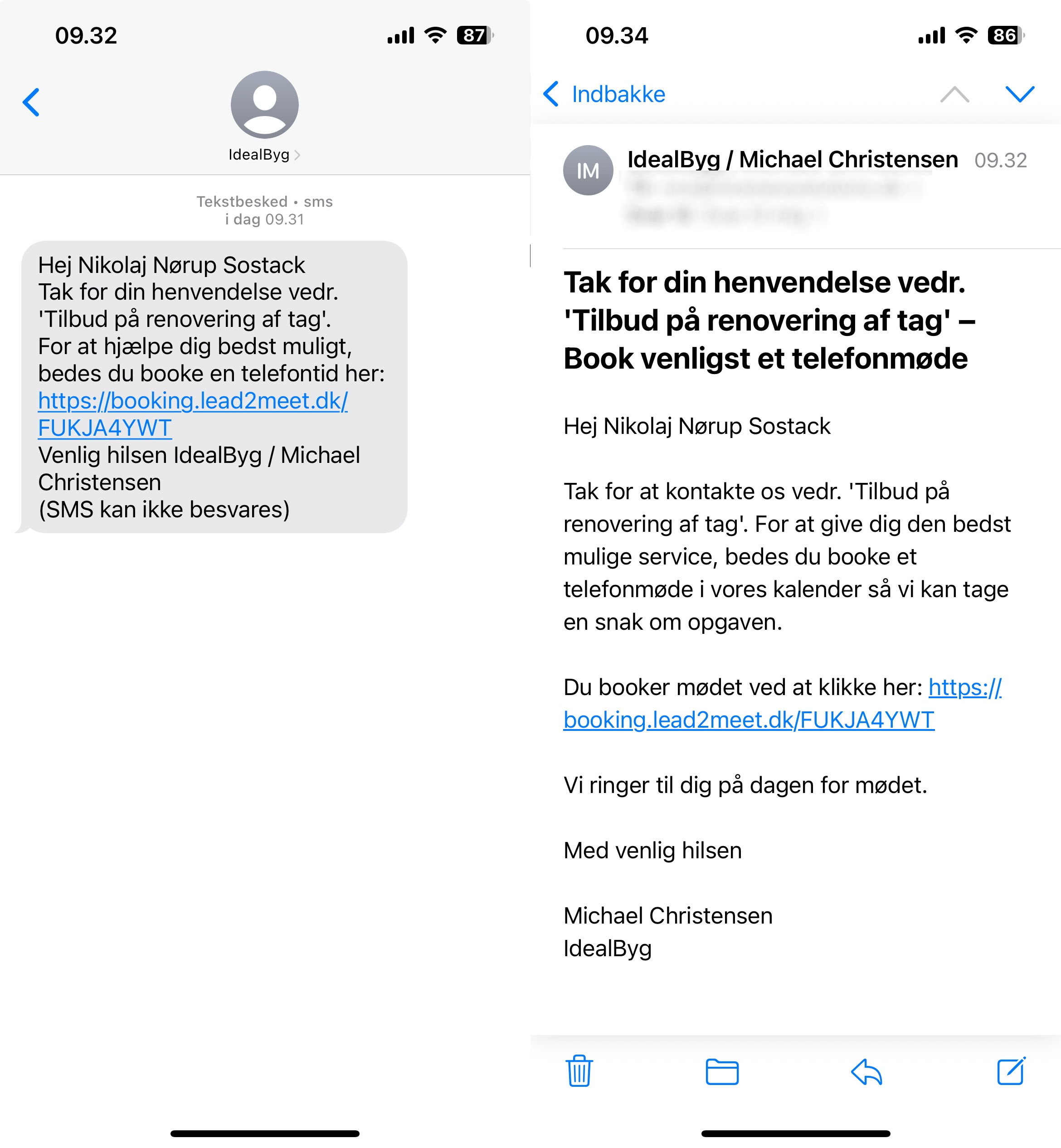 Kunden modtager mail og sms