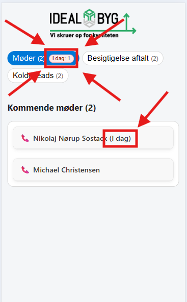 Dagens møder i dashboard